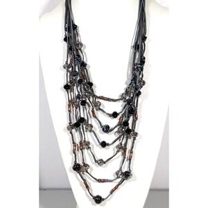 Solar Layered Gray Black Glass Bead Cord Necklace Copper Tone 28"